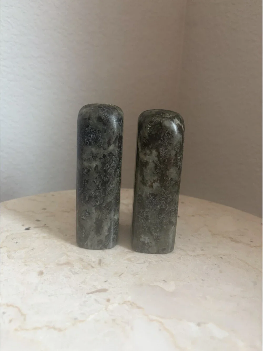 Vintage Deep green Marble Salt & Pepper Shakers with Stoppers Flat EUC